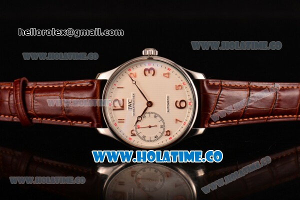 IWC Portugieser Hand-Wound Asia 6497 Manual Winding Steel Case with White Dial Brown Leather Strap and Rose Gold Arabic Numeral Markers - Click Image to Close