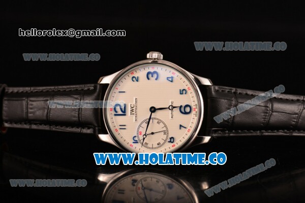 IWC Portugieser Hand-Wound Asia 6497 Manual Winding Steel Case with White Dial Black Leather Strap and Blue Arabic Numeral Markers - Click Image to Close