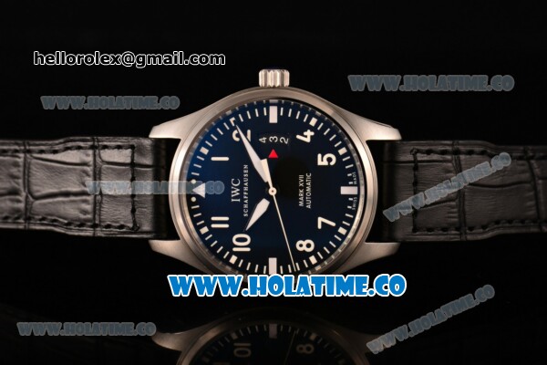 IWC Pilot's Watch Mark XVII Swiss ETA 2892 Automatic Steel Case with Blue Dial and Black Leather Strap - White Arabic Numeral Markers - Click Image to Close