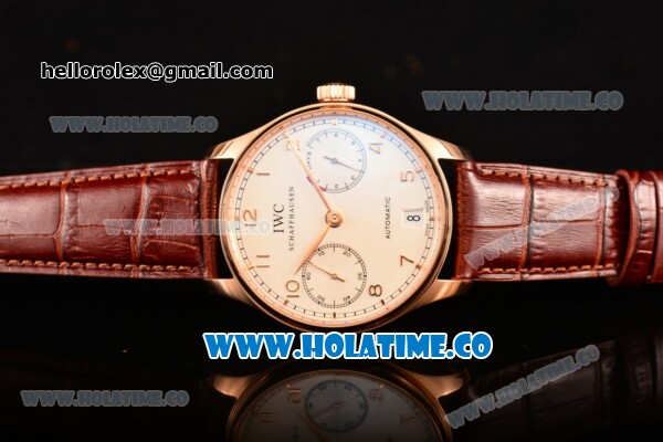 IWC Portuguese Power Reserve Clone IWC 52010 Automatic Rose Gold Case with White Dial and Brown Leather Strap - Arabic Numeral Markers - 1:1 Original - Click Image to Close