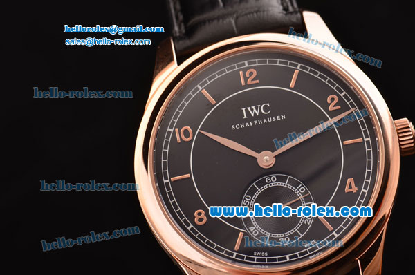 IWC Portuguese Vintage Swiss ETA 2836 Automartic Rose Gold Case with Black Dial and Black Leather Strap - Click Image to Close