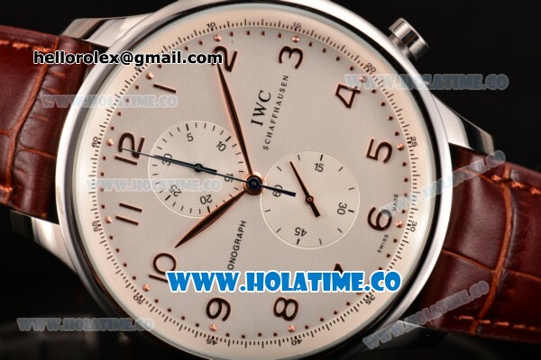 IWC Portuguese Chrono Miyota Quartz Steel Case with Brown Leather Strap White Dial and Arabic Numeral Markers - Click Image to Close