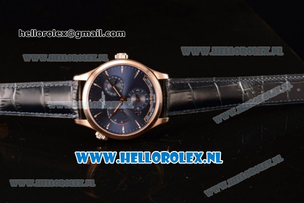 1:1 Jaeger-LECoultre Master Georgraphic Miyota 9015 Automatic Rose Gold Case with Blue Dial Stick Markers and Blue Genuine Leather - Click Image to Close