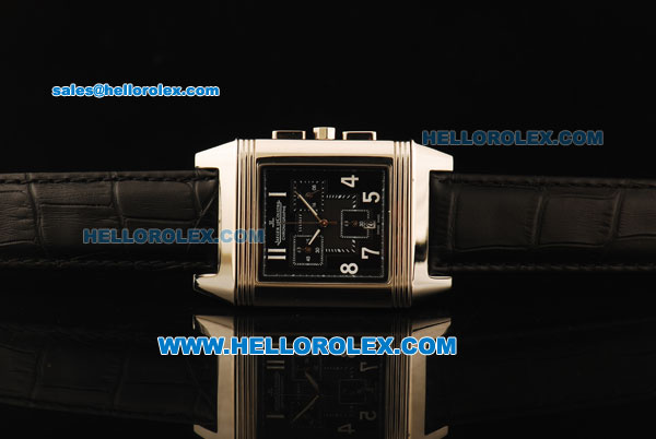 Jaeger-LeCoultre Reverso Chronograph Swiss Quartz Movement Steel Case with Black Dial and Black Leather Strap - Click Image to Close