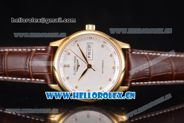 Longines Master Day Date Swiss ETA 2824 Automatic Yellow Gold Case with White Dial Diamonds Markers and Brown Leather Strap - Click Image to Close