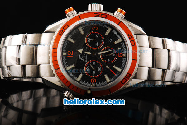 Omega Seamaster Chronograph Miyota Quartz Movement Steel with Black CF Dial and Orange Numeral/Stick Marker-SS Strap - Click Image to Close