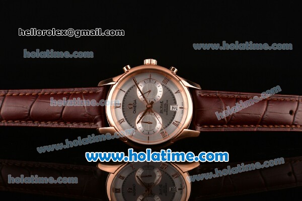 Omega De Ville Co-Axial Chronograph VK Quartz Movement Rose Gold Case and Brown Leather Strap with Silver Dial - Click Image to Close