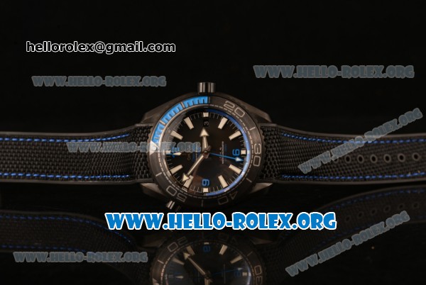 Omega Seamaster Planet Ocean GMT Blue Deep Black Clone Omega 8906 Automatic PVD Case with Black Dial and Black Rubber Strap (EF) - Click Image to Close