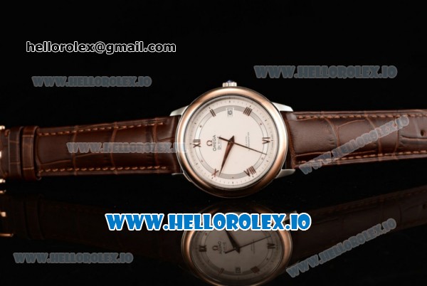 Omega De Ville Prestige Co-Axial Clone Omega Calibre 2500 Automatic Movement Rose Gold White Dial and Roman Numeral Markers Leather Strap (YF) - Click Image to Close