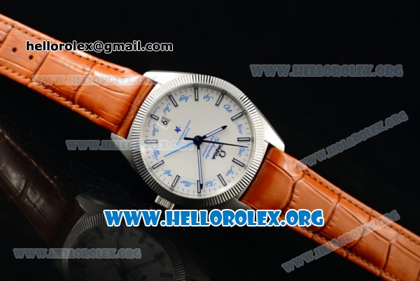 Omega Globemaster Annual Calendar Miyota 9015 Automatic Steel Case with White Dial and Orange Leather Strap (AAAF) - Click Image to Close