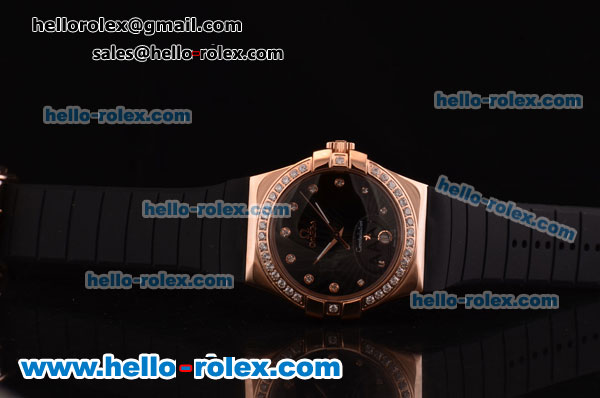 Omega Constellation Swiss ETA Quartz Rose Gold Case with Diamond Bezel and Black Rubber Strap - Click Image to Close