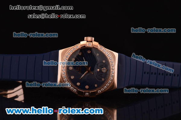 Omega Constellation Swiss ETA Quartz Rose Gold Case with Diamond Bezel and Blue Rubber Strap - Click Image to Close