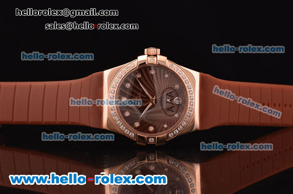 Omega Constellation Swiss ETA Quartz Rose Gold Case with Diamond Bezel and Brown Rubber Strap - Click Image to Close