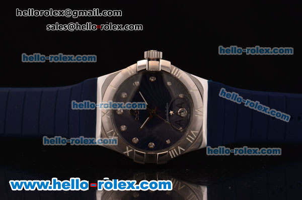 Omega Constellation Swiss ETA Quartz Steel Case with Blue Dial and Blue Rubber Strap - Click Image to Close