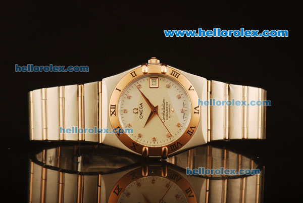 Omega Constellation Swiss ETA 2836 Automatic Steel Case with Rose Gold Bezel and White Dial-Two Tone Strap - Click Image to Close