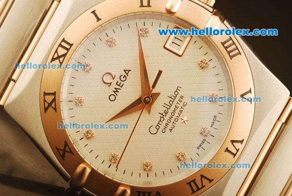 Omega Constellation Swiss ETA 2836 Automatic Steel Case with Rose Gold Bezel and White Dial-Two Tone Strap - Click Image to Close