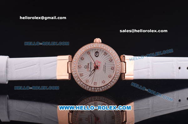 Omega Ladymatic Quartz Rose Gold Case with Diamond Bezel and White Leather Strap-Diamond Markers - Click Image to Close