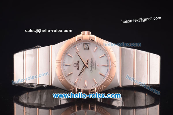 Omega Constellation Co-Axial Swiss ETA 2824 Automatic Steel Case with Rose Gold Bezel and Rose Gold Stick Markers- White MOP Dial - Click Image to Close