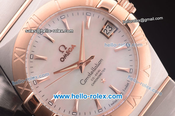 Omega Constellation Co-Axial Swiss ETA 2824 Automatic Steel Case with Rose Gold Bezel and Rose Gold Stick Markers- White MOP Dial - Click Image to Close