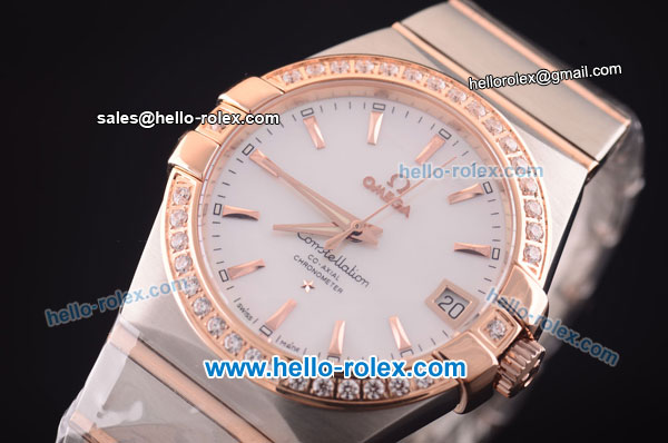 Omega Constellation Co-Axial Swiss ETA 2824 Automatic Steel Case with Rose Gold/Diamond Bezel and White MOP Dial-Rose Gold Stick Markers - Click Image to Close