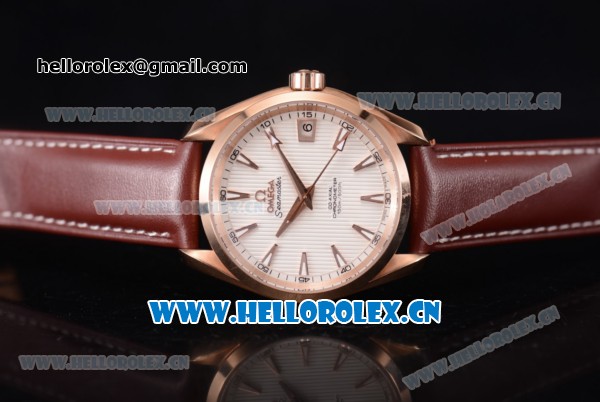 Omega Seamaster Aqua Terra 150 M Co-Axial Clone 8500 Automatic Rose Gold Case with White Dial Stick Markers and Brown Leather Strap (EF) - Click Image to Close