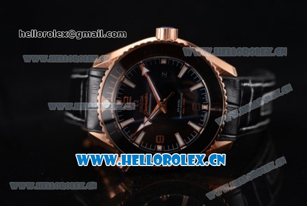 Omega Seamaster Planet Ocean 600M Clone Omega 8900 Automatic Rose Gold Case with Black Dial and Stick/Arabic Numeral Markers Black Leather Strap (EF) - Click Image to Close