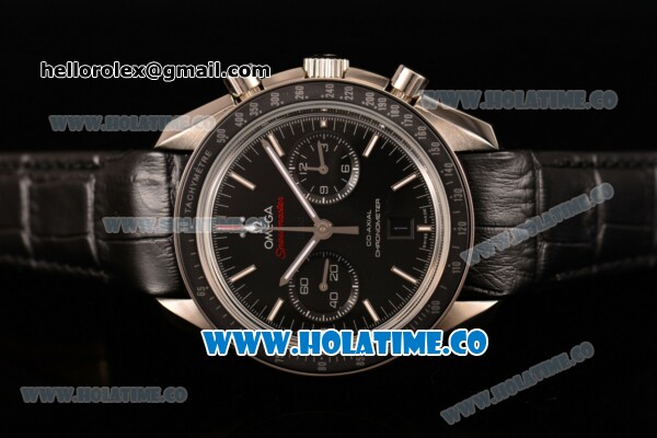 Omega Speedmaster Moonwatch Co-Axial Chronograph Clone Omega 9300 Automatic Steel Case wtih Black Dial White Stick Markers and Black Leather Strap (EF) - Click Image to Close