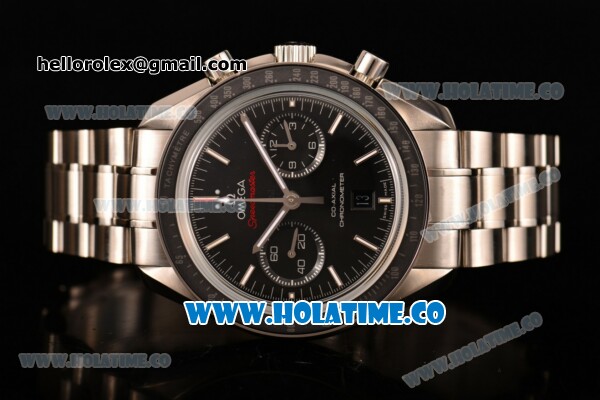 Omega Speedmaster Moonwatch Co-Axial Chronograph Clone Omega 9300 Automatic Steel Case/Bracelet with Black Dial and White Stick Markers (EF) - Click Image to Close