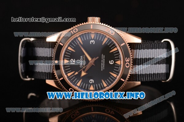 Omega Seamaster 300 Master Co-Axial Clone Omega 8500 Automatic Rose Gold Case with Black Dial Stick Markers and Black/Grey Nylon Strap - Click Image to Close