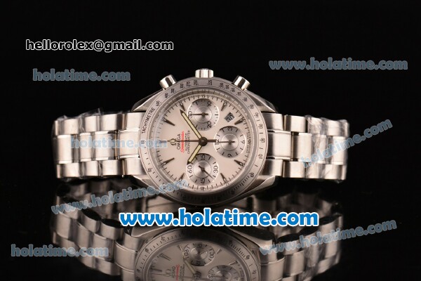 Omega Speedmaster Date Chrono Swiss Valjoux 7750-DD Automatic Full Steel with White Dial and Silver Stick Markers - Click Image to Close