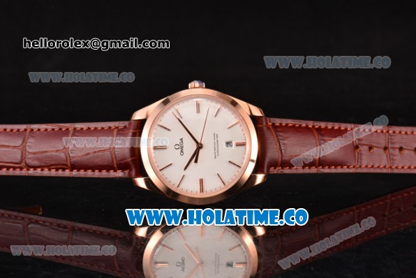 Omega De Ville Trésor Master Co-Axial Swiss ETA 2824 Automatic Rose Gold Case with Brown Leather Strap and Silvery Opaline Dial - Click Image to Close