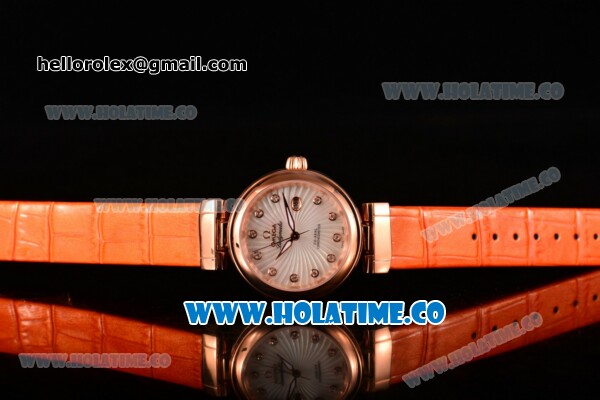 Omega Deville Ladymatic Clone 8500 Automatic Rose Gold Case with Diamonds Markers White MOP Textured Dial and Orange Leather Strap (V6) - Click Image to Close