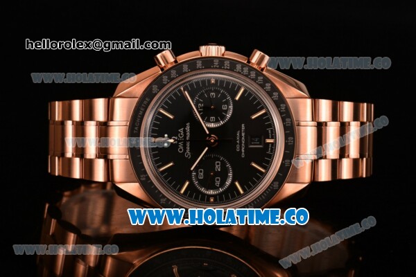 Omega Speedmaster Moonwatch Co-Axial Chrono Clone Omega 9300 Automatic Rose Gold Case/Bracelet with Black Bezel and Stick Markers (EF) - Click Image to Close