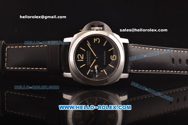 Panerai Luminor Marina PAM 00466 Swiss ETA 6497 Manual Winding Steel Case with Black Dial and Black Leather Strap - Click Image to Close