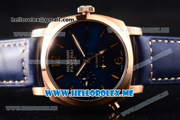 Panerai Luminor 1950 10 Days GMT PAM00689 Asia ST25 Automatic Rose Gold Case with Blue Dial and Blue Leather Strap Stick/Arabic Numeral Markers - Click Image to Close