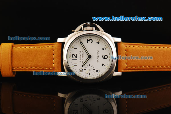 Panerai Luminor Marina Pam 113 Manual Winding Movement Steel Case with White Dial and Yellow Leather Strap - Click Image to Close