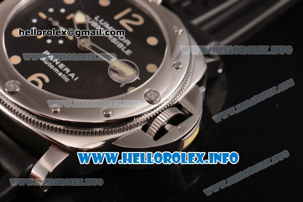 Panerai Luminor Submersible Automatic Acciaio PAM 024 Swiss Valjoux 7750 Automatic Steel Case with Black Dial and Rubber Strap - Dot/Arabic Numeral Markers (KW) - Click Image to Close