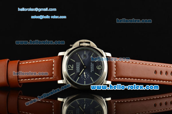 Panerai Luminor Marina PAM 00282 Automatic Movement Steel Case with Blue Dial Green Stick Markers and Brown Leather Strap - Click Image to Close