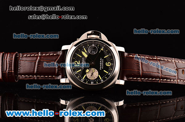 Panerai Luminor GMT PAM00088 Swiss Valjoux 7750-SHG-MD Black Dial with Green Stick/Numeral Markers and Brown Leather Strap - 1:1 Original - Click Image to Close