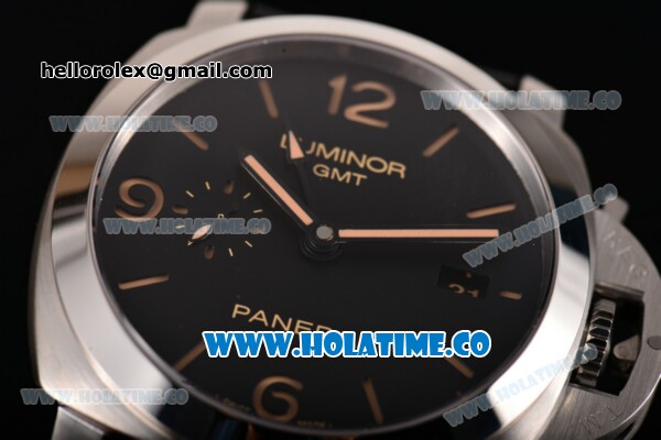 Panerai Luminer GMT PAM586 Clone P.9000 Automatic Steel Case with Black Dial and Yellow Stick/Arabic Numeral Markers - 1:1 Original (ZF) - Click Image to Close