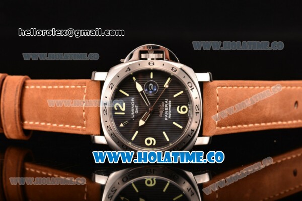 Panerai Luminor GMT PAM 029 A Asia Automatic Steel Case with Black Dial Stick/Arabic Numeral Markers and Brwon Leather Strap - Click Image to Close