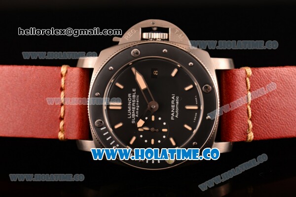 Panerai PAM 389 Luminor Submersible 1950’s Amagnetic 3 Days Automatic Titanio Titanium Case with Black Dial Stick Markers and Red Leather Strap - Click Image to Close