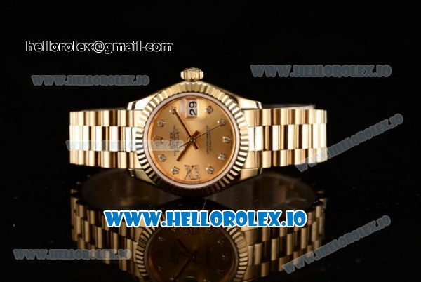 Rolex Datejust Swiss ETA 2671 Automatic Yellow Gold Case with Yellow Gold Dial Diamonds Markers and Yellow Gold Bracelet (BP) - Click Image to Close