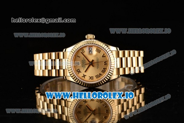 Rolex Datejust Swiss ETA 2671 Automatic Yellow Gold Case with Yellow Gold Dial Roman Numeral Markers and Yellow Gold Bracelet (BP) - Click Image to Close