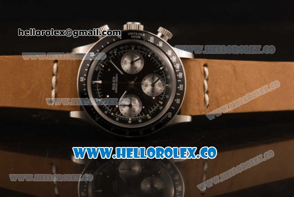 Rolex Daytona Vintage Edition Chrono Miyota OS20 Quartz Steel Case with Black Dial and Brown Leather Strap - Click Image to Close