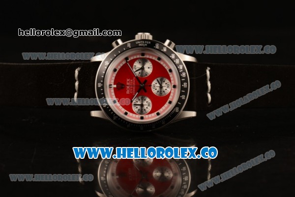 Rolex Daytona Vintage Edition Chrono Miyota OS20 Quartz Steel Case with Red Dial Steel Bezel and Black Leather Strap - Click Image to Close