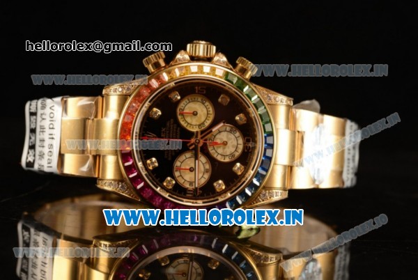 Rolex Cosmograph Daytona Rainbow Diamond Chrono Swiss Valjoux 7750 Automatic Yellow Gold Case Black Dial With Diamonds Markers Yellow Gold Bracelet - Click Image to Close