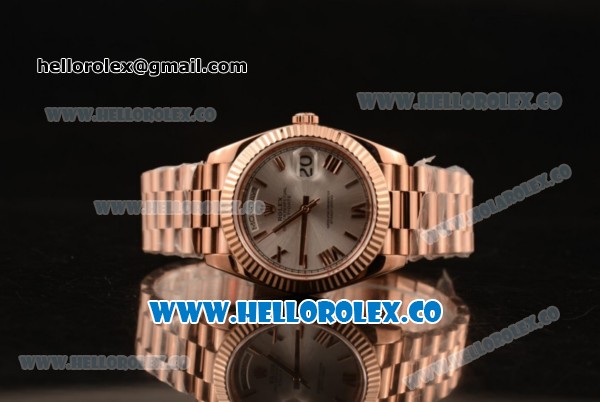 Rolex Day-Date Clone Rolex 3235 Automatic Rose Gold Case with Silver Dial Roman Numeral Markers and Rose Gold Bracelet (CF) - Click Image to Close