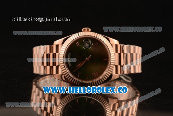 Rolex Day-Date Clone Rolex 3235 Automatic Rose Gold Case with Brown Dial Roman Numeral Markers and Rose Gold Bracelet (CF) - Click Image to Close