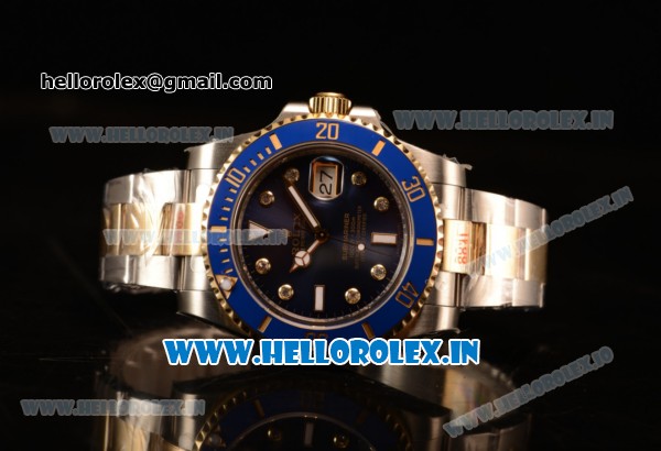 Rolex Submariner Swiss ETA 2836 Automatic Two Tone Case/Bracelet with Blue Dial Diamonds (BP) - Click Image to Close